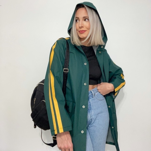 Striped Green Heavy Button Down Hooded Raincoat - Picture 2 of 5